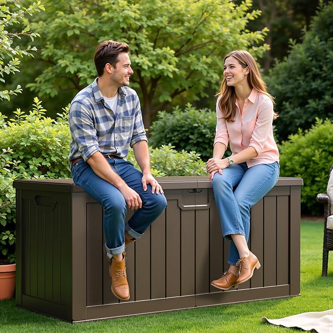 Flamaker 250 Gallon Resin Deck Box, Waterproof Imitation-Wood Lockable Storage Box with Separator Plate for Outdoor Indoor, Garden, Patio Furniture for Tools & Pool Accessories (Deep Brown)