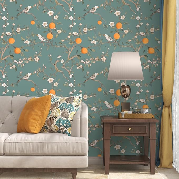 Green Floral Wallpaper Peel and Stick, Birds Contact Paper Orange Fruits