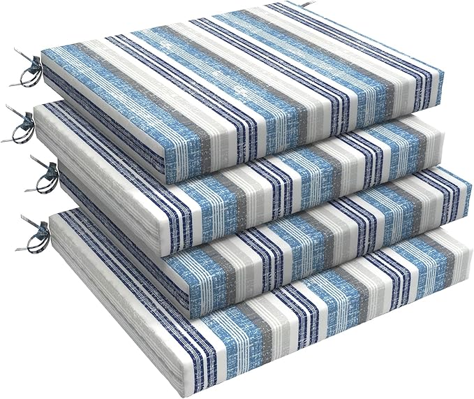 LVTXIII Outdoor Chair Cushions, Fade-Resistant Patio Furniture Cushions Outdoor Chair Pads with Ties for Dining Chairs and Garden Furniture Use, 18.5"x16"x2" 4 Pack, Stripe Layered Blue
