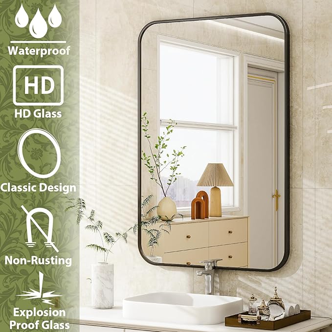 Easly 20 x 28 Inch Bathroom Mirror, Rounded Rectangular Vanity Mirror