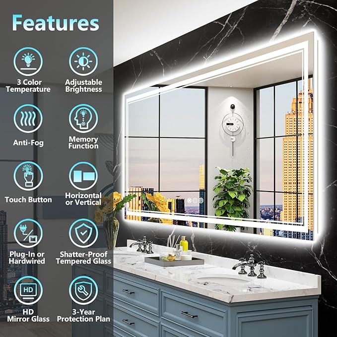 72x32 LED Bathroom Mirror with Lights, Backlit and Front Lit Anti-Fog Lighted