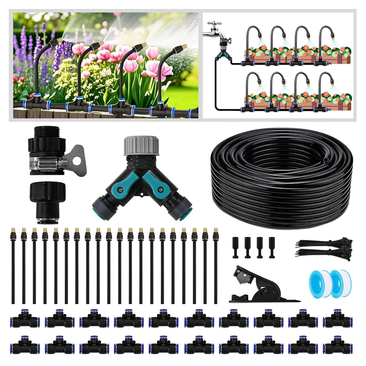 Drip Irrigation Kit - 100 FT. Hose Sprinkler System with 360Â° nozzles and T-connectors for Gardens, lawns, Plants, Flower beds, Trees, patios and hydroponics (Closeable nozzle-20)