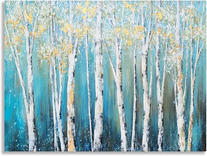 Yihui Arts Landscape Canvas Print Artwork: Teal Winter Forest Painting Wall Art