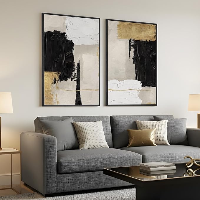 Framed Black White and Gold Abstract Wall Art