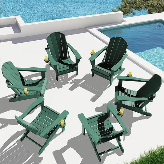 SERWALL Folding Adirondack Chair Set of 6, Painted Adirondack Chair with Cup Holder, Weather Resistant for Patio Deck Garden, Fire Pit & Lawn Furniture Porch - Green