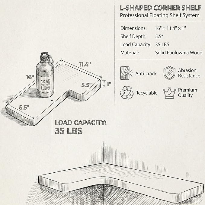 16 Inch Solid Wood Floating Corner Shelves 3 Pack
