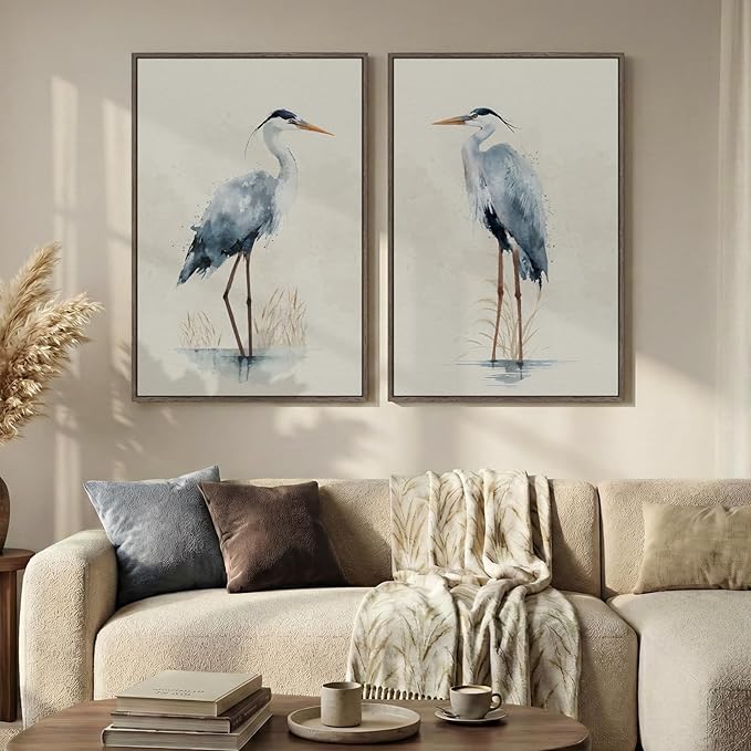 Large Framed Vintage Bird Wall Art, 2 Piece Neutral Blue Heron Canvas Painting