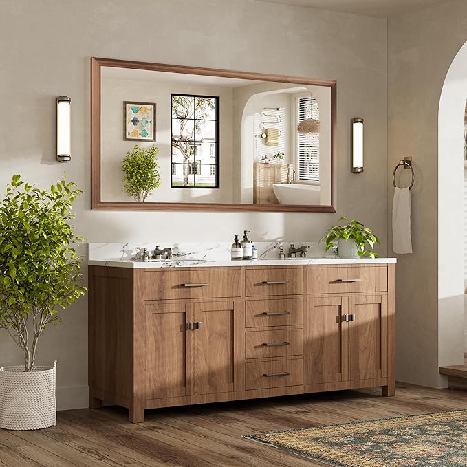 72x36 Inch Bathroom Mirror for Wall, Anti-Rust Walnut Wood Grain Metal Framed