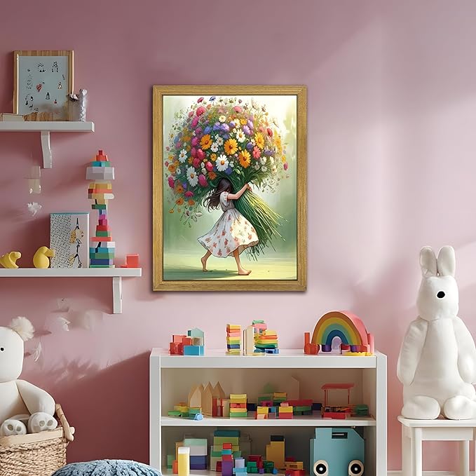 Wood Framed Pink Wildflower Canvas Wall Art, Girl Hugging Flowers Poster Prints