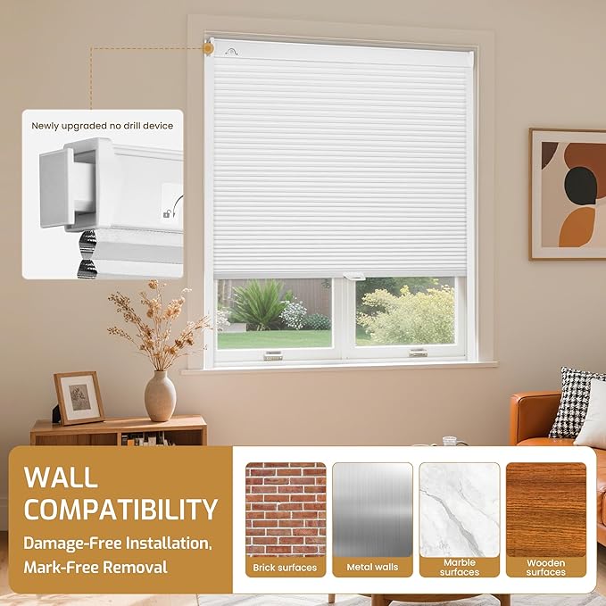 Grandekor No Drill No Tools Cordless Cellular Shades, UV Protection Privacy No