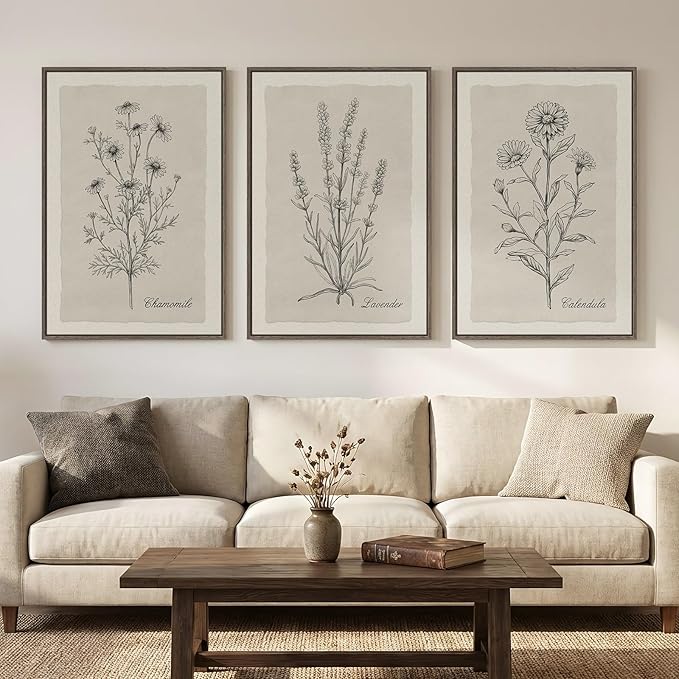 Framed Farmhouse Botanical Canvas Wall Art Set of 3, Large Vintage Neutral
