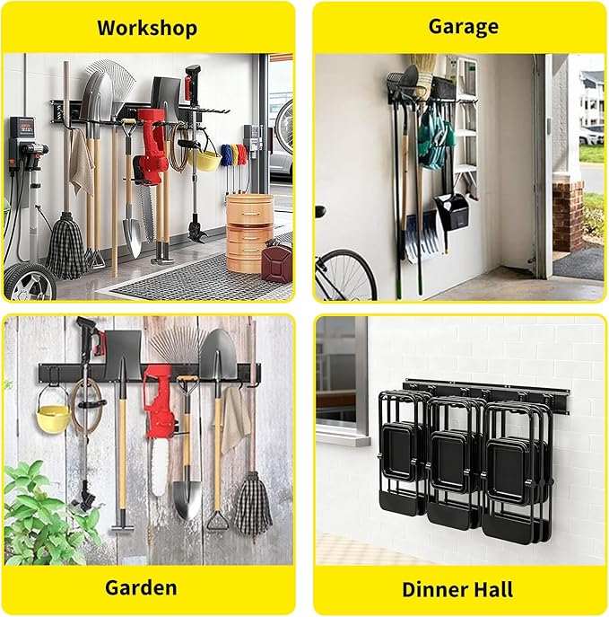 Garvee Garage Tool Organizer Wall Mount, 64 Inch Heavy Duty Garden Tool Storage Organization with 12 Adjustable Hooks, 16 Pack Yard shed Tool Organizer System for Shovel Rake Broom Ladders