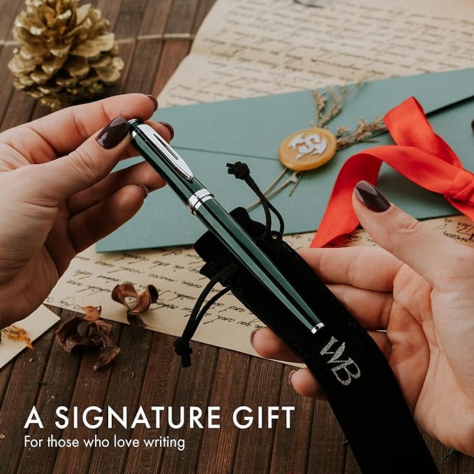 Wordsworth & Black Fountain Pen Set, Medium Nib, Includes 24 Pack Ink Cartridges, Ink Refill Converter & Gift Pouch, Chrome Finish, Calligraphy, [Racing Green], Perfect for Men & Women