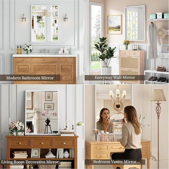 Syndra White Wood Frame Bathroom Mirror, Waterproof Slim Deep Frame,