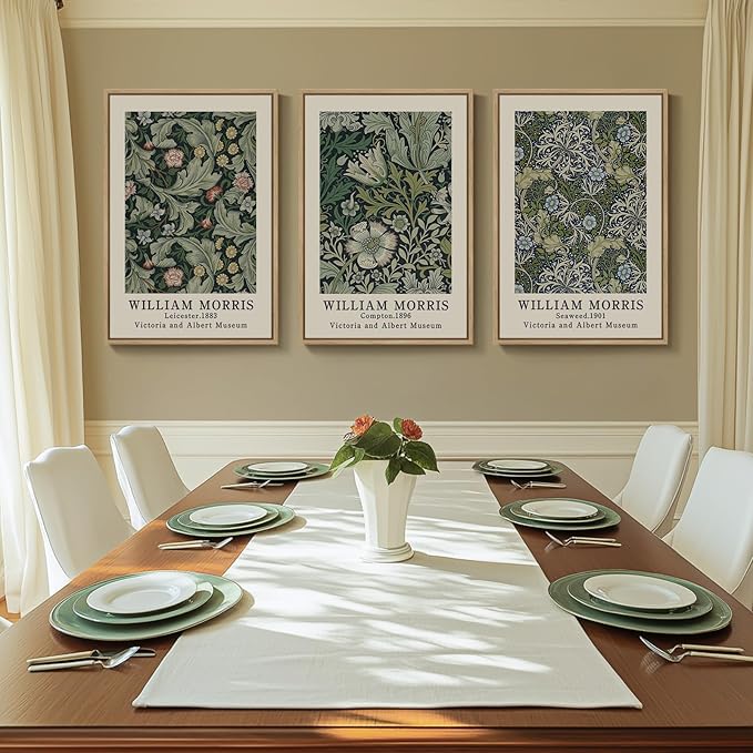 Large Framed William Morris Green Wall Art, 3 Piece Vintage Floral Canvas Prints