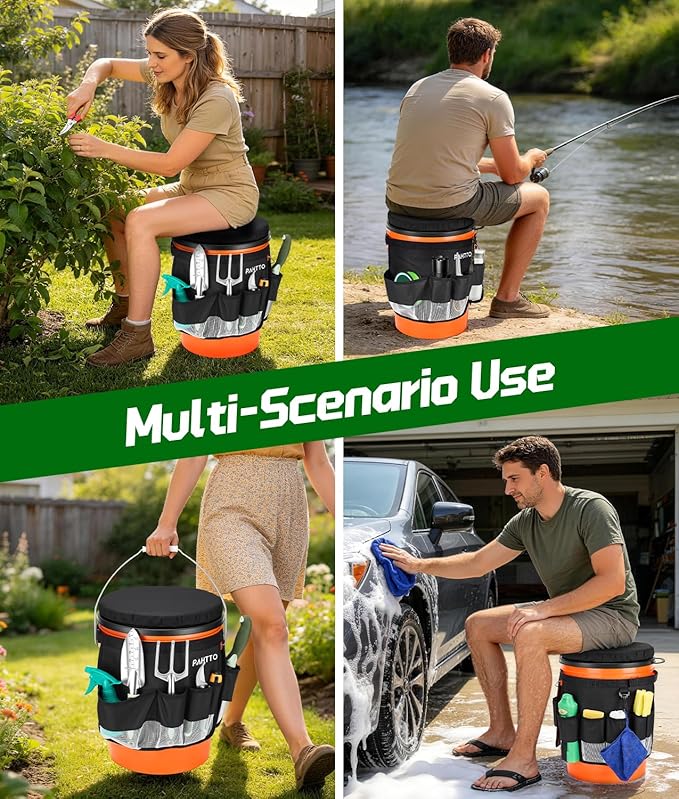 5 Gallon Bucket Seat with Tool Organizer Bag, Bucket Seat Lid & Tool Storage Caddy, Silent 360° Swivel Bucket Chair, Waterproof Comfortable Cushion for Camping, Fishing, Gardening, Yard Work, Hunting