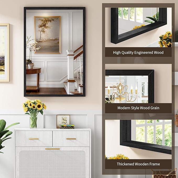 Syndra Black Wood Frame Bathroom Mirror, Waterproof Slim Deep Frame,