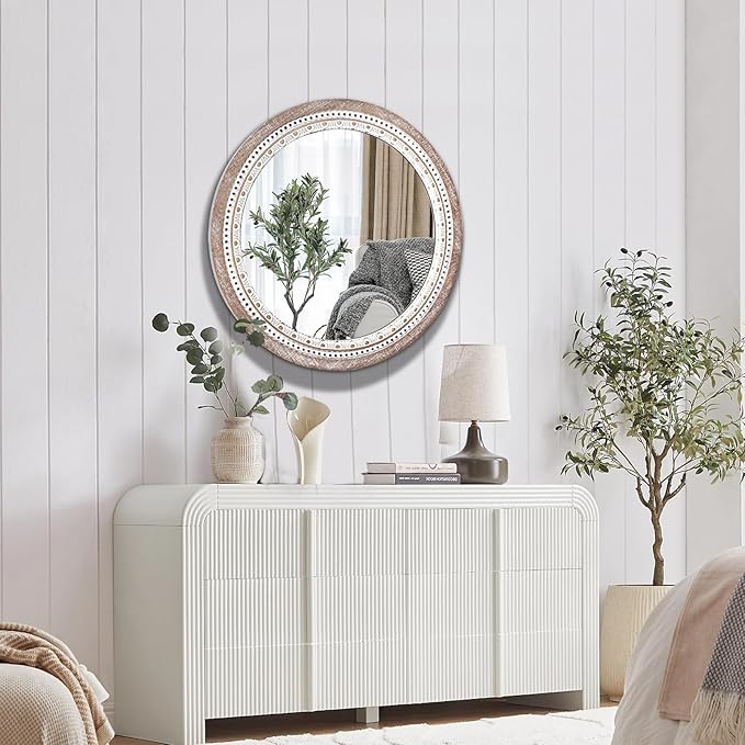Reflinto 30 Inch Rustic Farmhouse Round Wood Mirror Wall Decor, Boho Circle