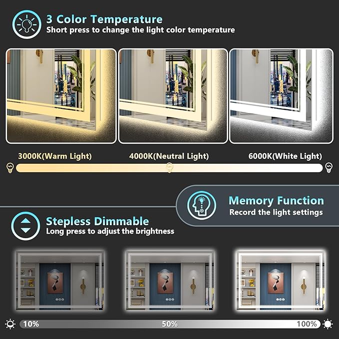 60x28 LED Bathroom Mirror with Lights, Backlit and Front Lit Anti-Fog Lighted