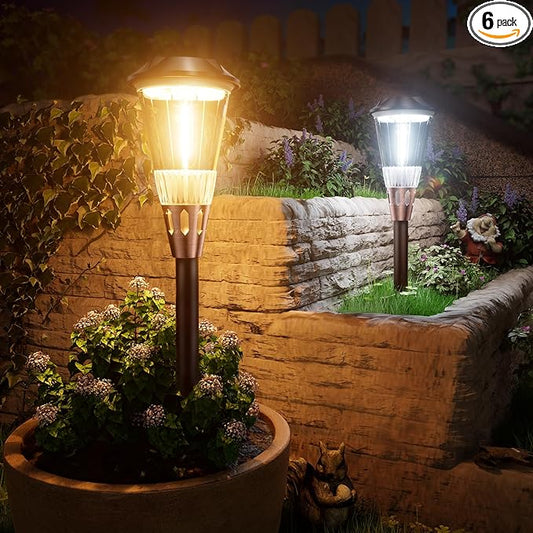 BITPOTT Bright Solar Lights Outdoor 6 Pack, 2-in-1 Warm&Cool Solar Pathway Lights Waterproof IP65, Auto On/Off Outdoor Light for Path Walkway Driveway Lawn