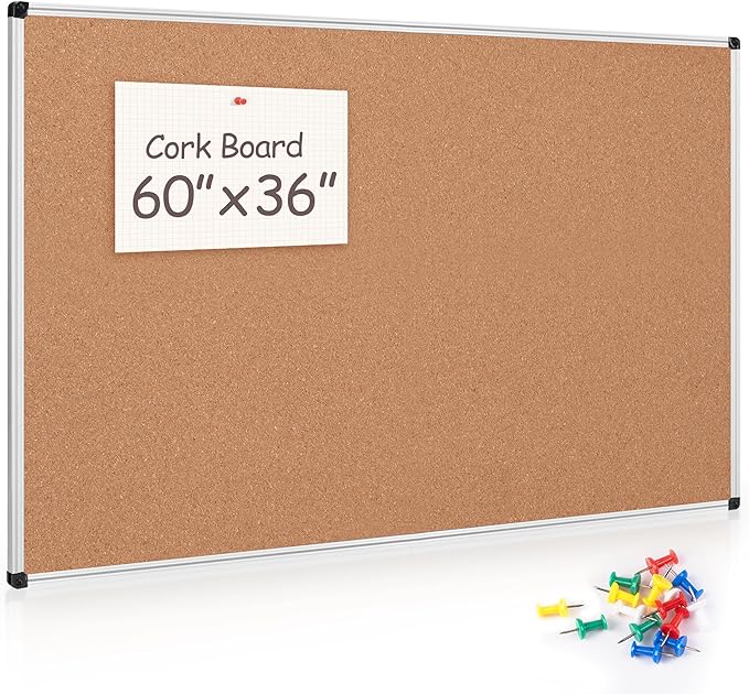 Large Cork Bulletin Board 60" X 36", Wall Mounted Notice Pin Board