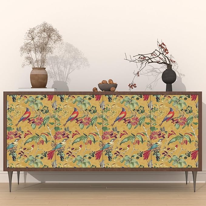 Vintage Floral Bird Wallpaper Peel and Stick, Boho Yellow Contact Paper