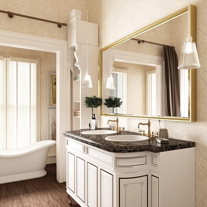 48 x 30 Gold Bathroom Mirror, Brushed Gold Beveled Bathroom Mirror,