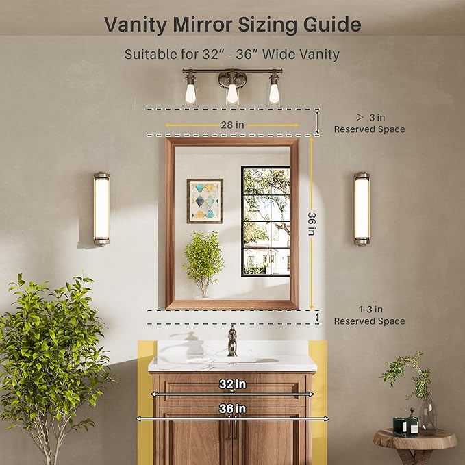 28x36 Inch Bathroom Mirror for Wall, Anti-Rust Walnut Wood Grain Metal Framed