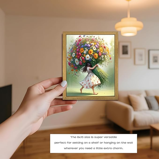 Wood Framed Pink Wildflower Canvas Wall Art, Girl Hugging Flowers Poster Prints