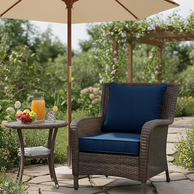 Summsun Outdoor Chair Cushions, Faux Linen Backrest and Deep Seat Cushion Set for Patio Furniture with Weather Resistant Removable Cover, Ties, Non-Slip Bottom, 24 x 24 Inch, Navy