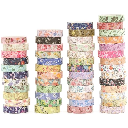 YUBBAEX Flowers Washi Tape Pack 50 Rolls Floral Printed Masking Tape Plants Decorative for Arts, DIY Crafts, Journal Supplies, Planners, Scrapbook, Card/Gift Wrapping