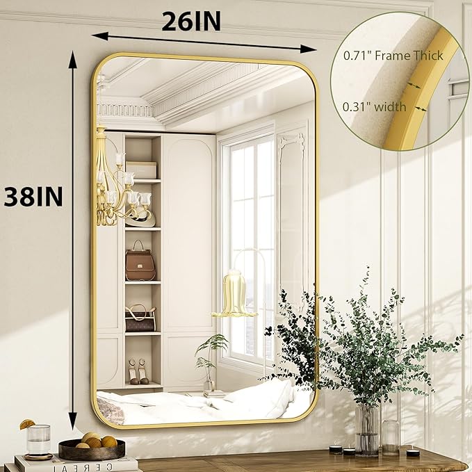 Easly 26 x 38 Inch Bathroom Mirror, Rounded Rectangular Vanity Mirror