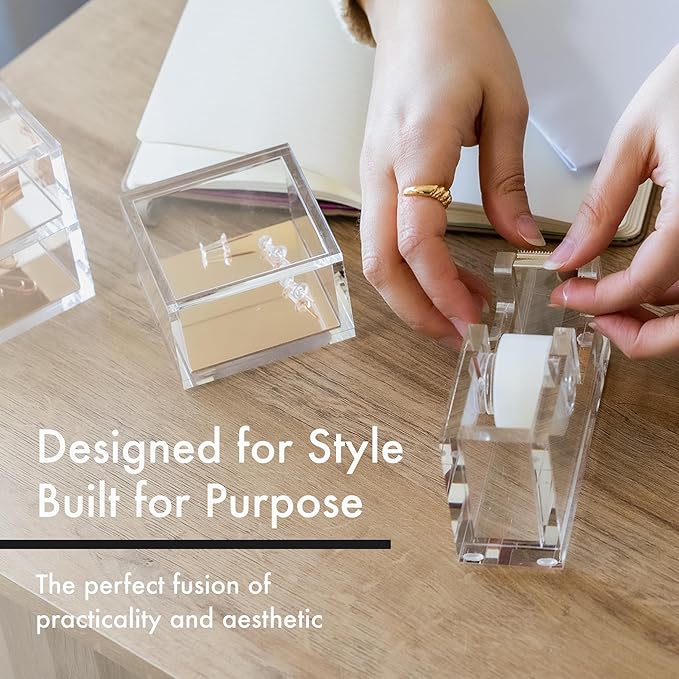 OfficeGoods Acrylic Tape Dispenser – Modern Desk Organizer for Office Supplies – Heavy Duty Refillable Tape Holder for Home and School Crafting – Stylish Desktop Accessory for Gift Wrapping, Silver