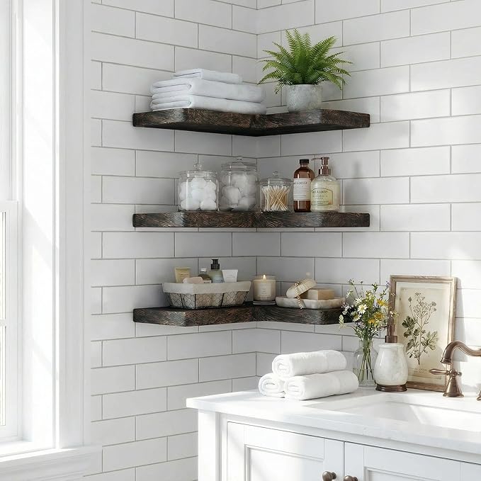 16 Inch Solid Wood Floating Corner Shelves 3 Pack