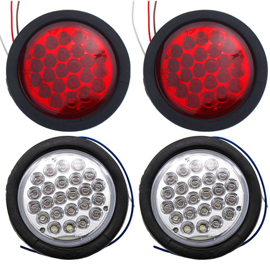 All Star Truck Parts 4in Round LED Trailer Tail Light, IP67 Waterproof, 24 LEDs, 2 Red + 2 White, Model ASTPL012R4C2