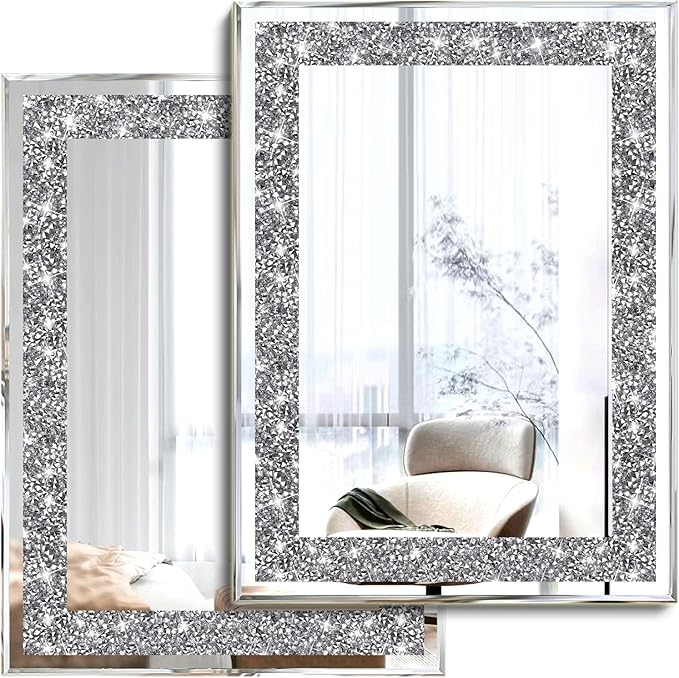 2 Piece Wall Mirrors, Crush Diamond Wall Décor Silver Decorative Mirrors