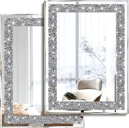 2 Piece Wall Mirrors, Crush Diamond Wall Décor Silver Decorative Mirrors