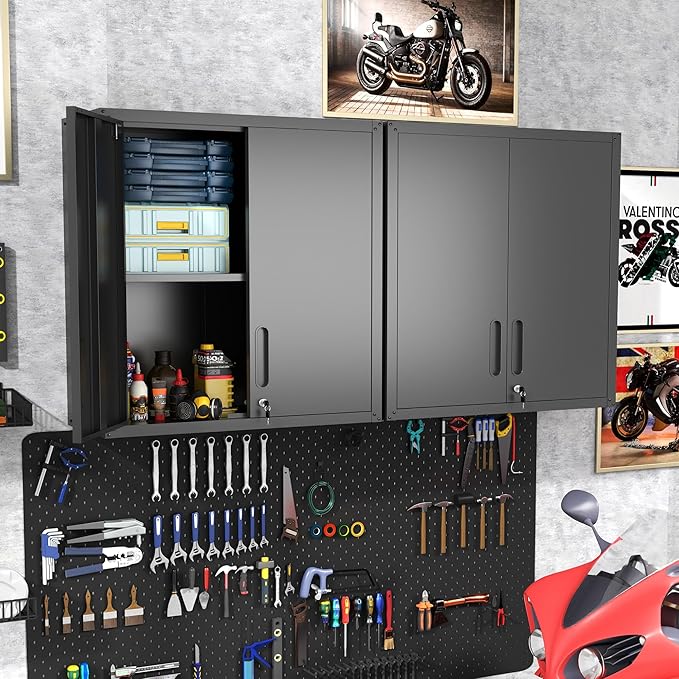 Garage Wall Cabinet with Doors and Shelves, Metal Wall Mounted Storage Cabinet
