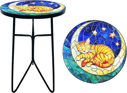 12 Inch Folding Outdoor Side Tea Table,Moon Kitten Small Accent Tables, Plant Tables Indoor,Garden or Living Room Decor Afternoon Tea Dinner Table, Simple Assembly Cast Iron Plant Stand