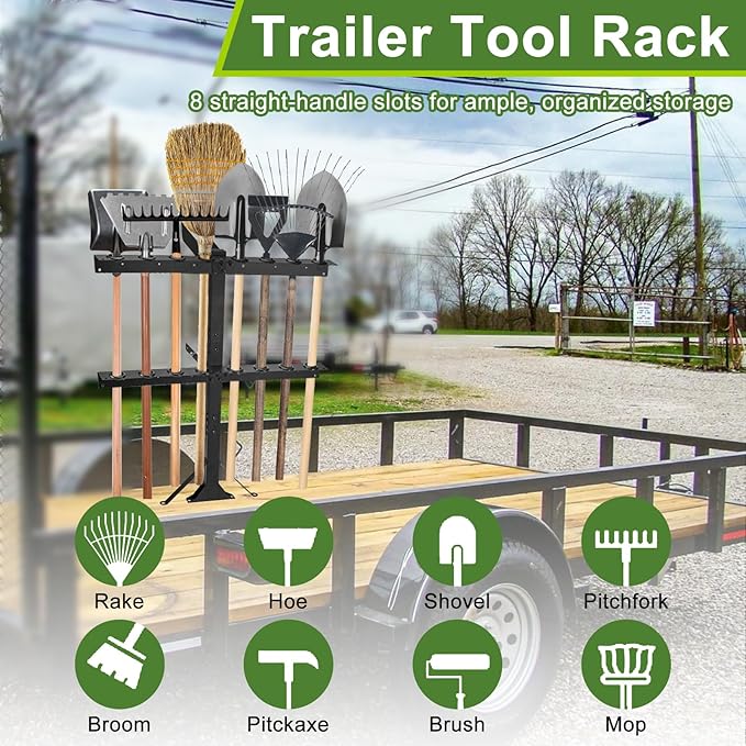 Upgraded Utility Trailer Tool Rack, 8-Hole Shovel and Rake Holder with Rubber Grommets & Brackets, Heavy-Duty Lawn Equipment Organizer for Truck and Open Trailers, Black