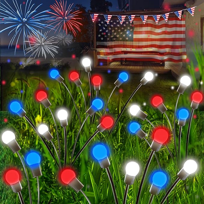 4th of July Decorations, 6 Pack Solar Firefly Lights Outdoor, 36 LED Waterproof Patriotic Decor Garden Lights with 2 Modes for 250th Anniversary National Yard Path Decorations (Red White and Blue)