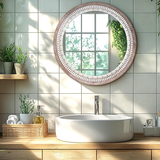 Reflinto 24 Inch Boho Wooden Round Mirror
