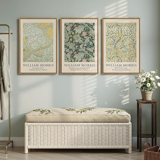 Framed William Morris Sage Green Wall Art Set of 3, Vintage Nature Green Floral