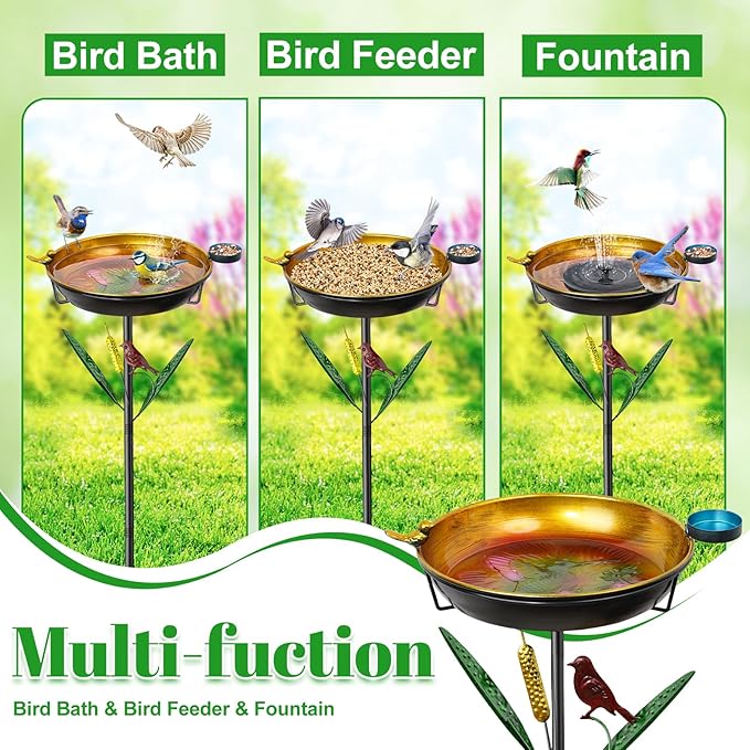 2-in-1 Bird Baths for Outside, 11.8” Diameter x 2” Deep Metal Removable Bird Feeder Water Bowl with Upgraded 5 Prongs Base, 33.5" Freestanding Garden Birdbaths for Outdoors Patio Yard Lawn Art Decor