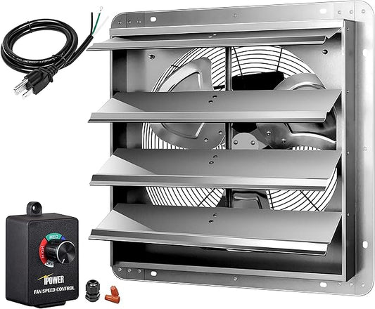 iPower 18 Inch Wall Mounted Shutter Exhaust Fan with Speed Controller and Power Cord Kit, Aluminum, 1400 RPM, 2000 CFM, for Attic, Garage, Louvered Vent, Plant, Greenhouse, Silver
