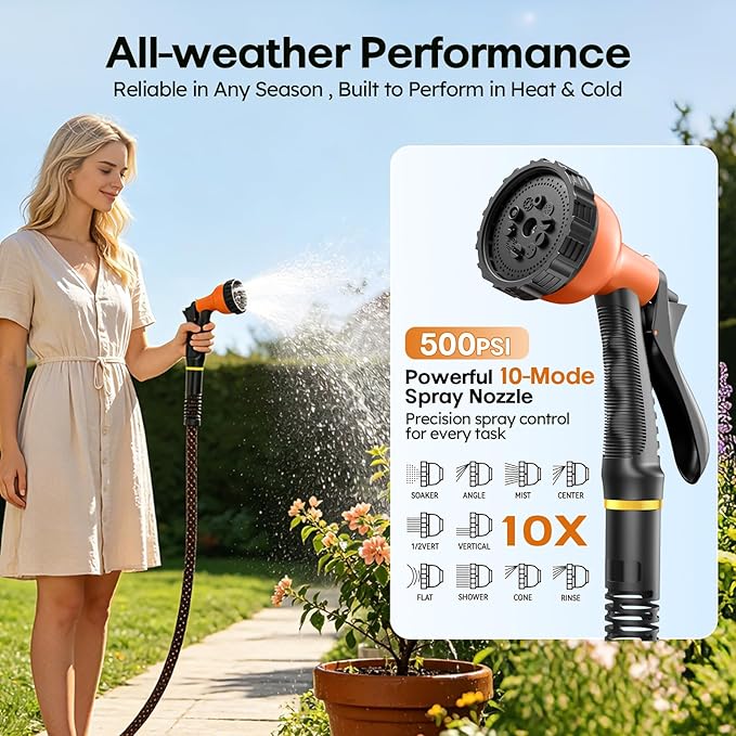 Garden Hose, 3/4" Flexible Water Hose Ultra Lightweight, Non-Expandable with 10 Function Nozzle, Kink-Free, Leak-Proof, 360° Swivel, Abrasion Resistant & Easy to Store for Yard Lawn, Outdoor (100ft)