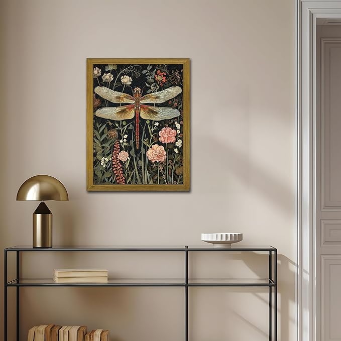 Framed Hand Drawn Sandstone Dragonfly Wall Art, Vintage 3D Textured Nature