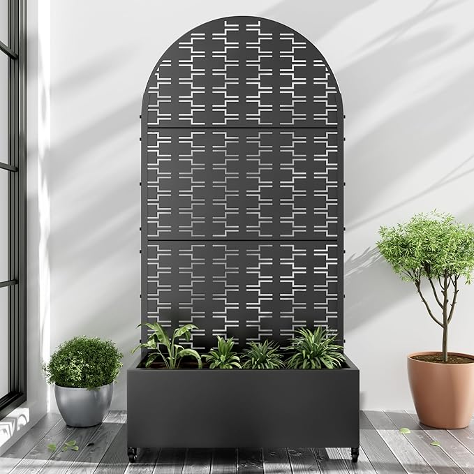 Casaphoria Metal Raised Garden Bed with Trellis and Wheels, 72"x35"x16" Arched Planter Box for Climbing Plants, Vegetables & Vines, Features Drainage Holes and Privacy Screen (Black-Square)