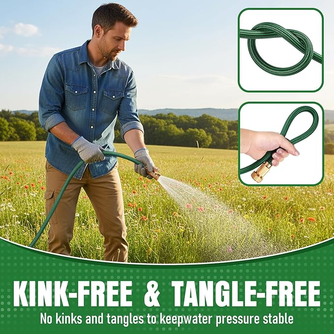 NON-EXPANDABLE 100 ft Garden Hose, Heavy Duty Flexible Water Hose, Kink Resistant Lightweight Hybrid Hose with Durable Fabric Skin, Leakproof Hose Male to Female Fittings