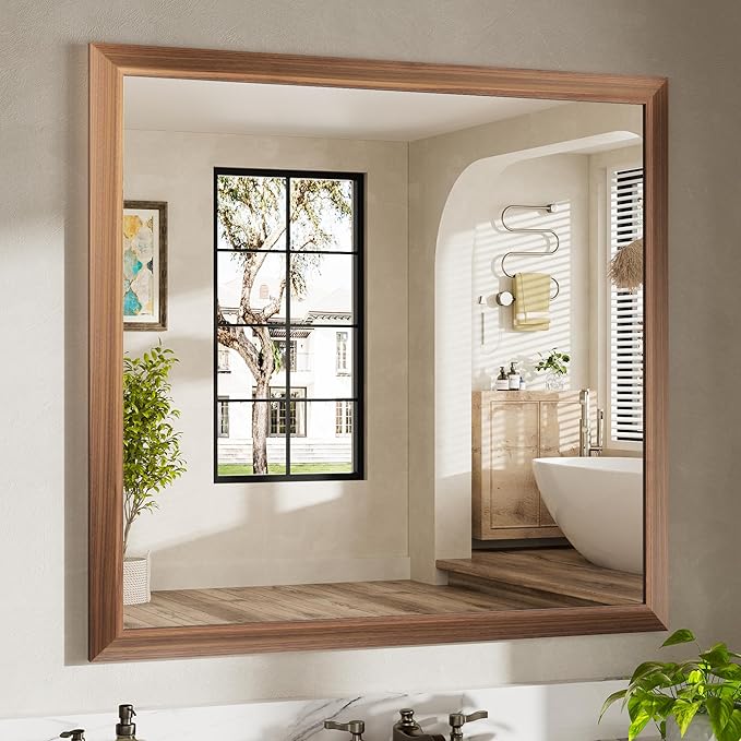 40x38 Inch Bathroom Mirror for Wall, Anti-Rust Walnut Wood Grain Metal Framed